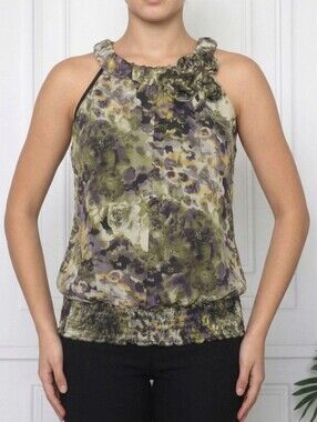 BCX Halter Top Camo Watercolor Smocked Waist Juniors XL Green Yellow